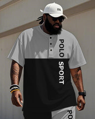 Men's Plus Size Black And Grey Colorblock Alphabet Print Henry Collar T-Shirt Trousers Suit