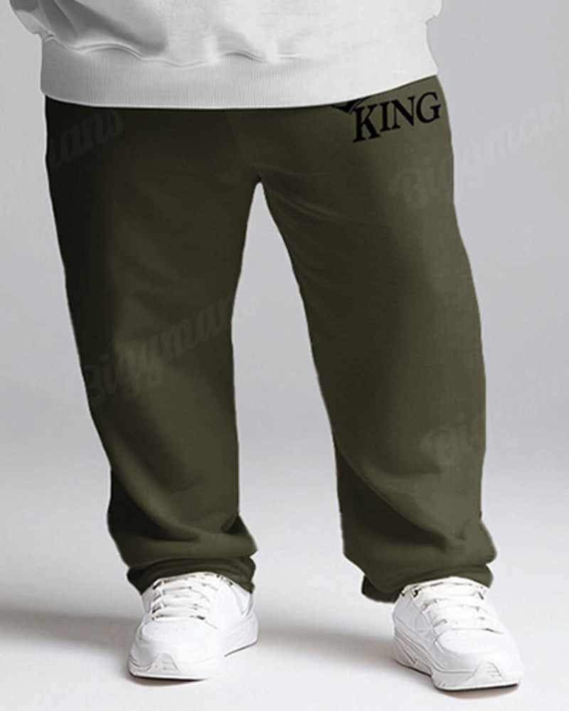 Men's Daily Casual All-Match Black Army Green Color Matching King Alphabet Print Big & Tall Hoodie Set