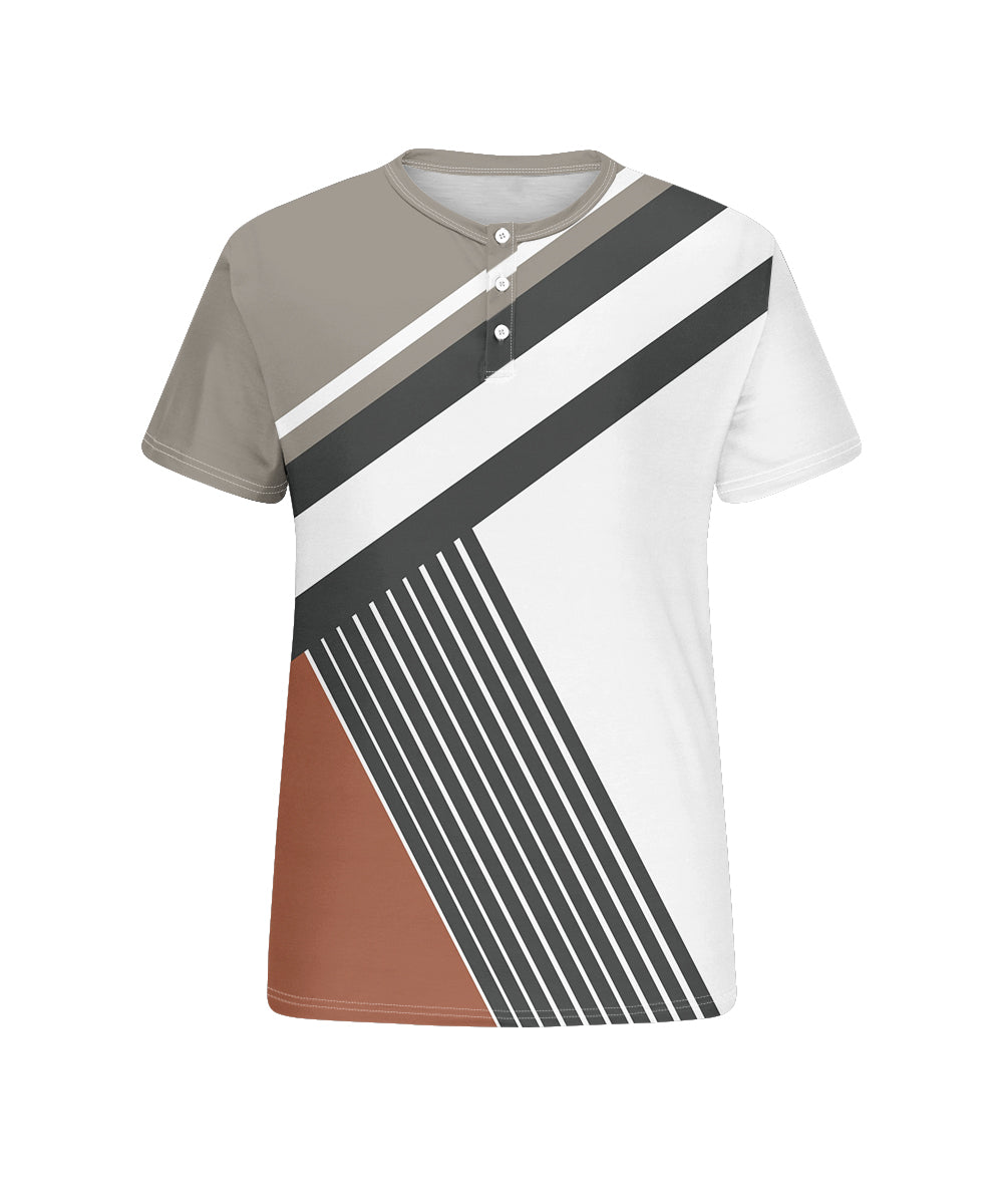 Men's Plus Size Daily Casual Grey Patchwork Striped Printed Henry Collar Button Short Sleeve T-Shirt