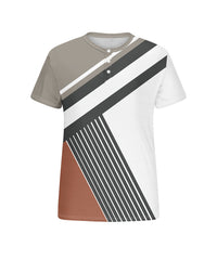 Men's Plus Size Daily Casual Grey Patchwork Striped Printed Henry Collar Button Short Sleeve T-Shirt