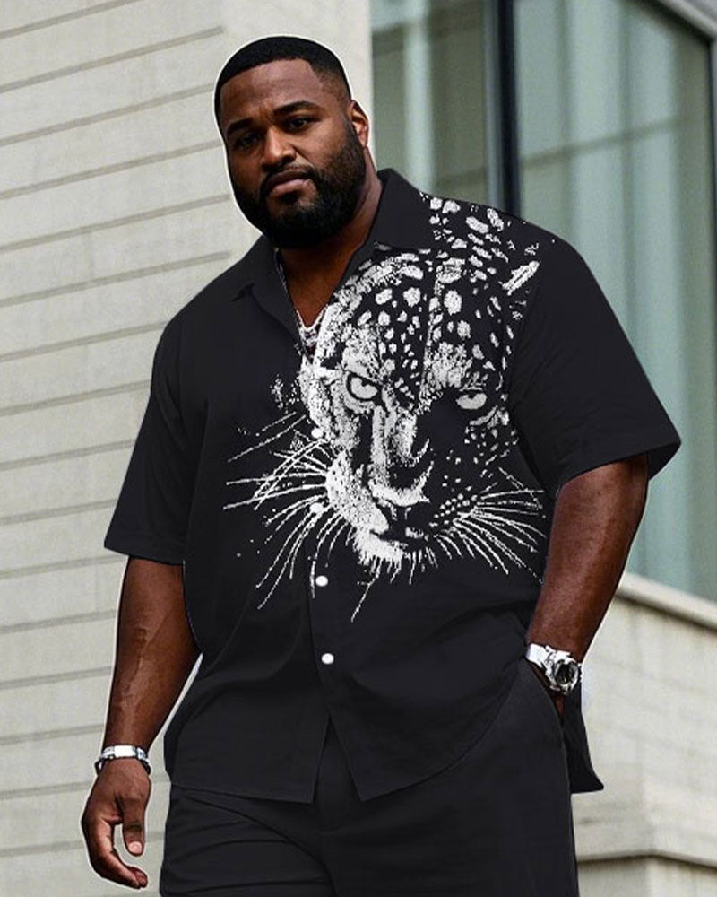 Men's Plus Size Black Purple Shoulder 3D Leopard Print Short Sleeve Shirt Trousers Suit