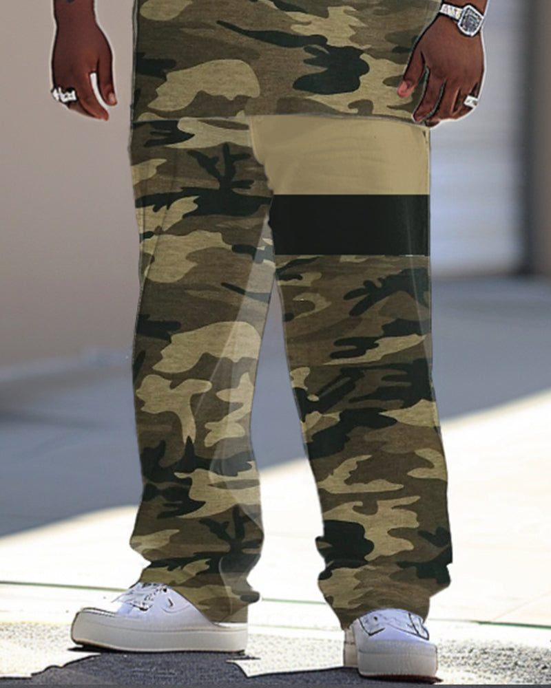Men's Large Camouflage Patchwork Printed T-shirt Trousers Suit