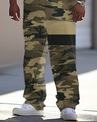 Men's Large Camouflage Patchwork Printed T-shirt Trousers Suit