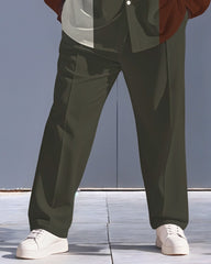 Men's Plus Size Army Green Brown Color-block Vertical Stripe Print Long Sleeve Shirt Trousers Suit