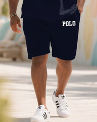 Big & Tall Men's Summer Multicolor Colorblock Chest Slogan Print Polo Short Sleeve Shirt Shorts Suit