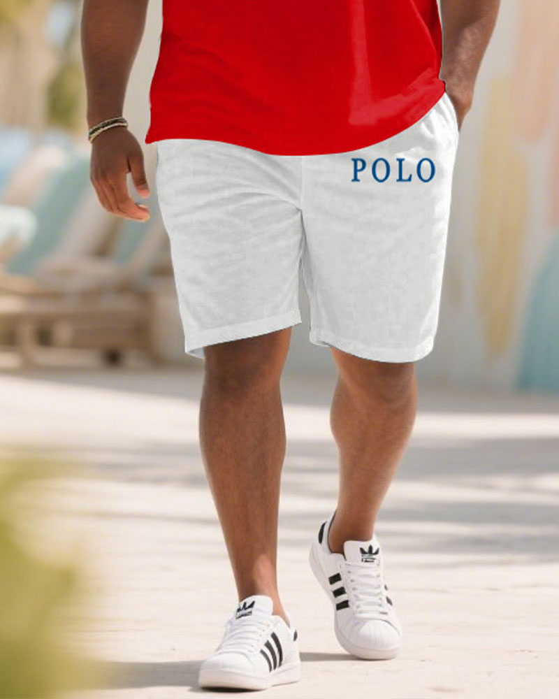 Men's large size Blue & Red & White & Black Patchwork Chest Logo Print Short-sleeved polo shorts set