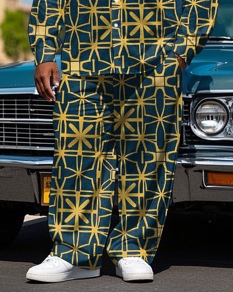 Men's Big & Tall Vintage Geometric Pattern Printed Casual Long Sleeve Shirt Pants Set