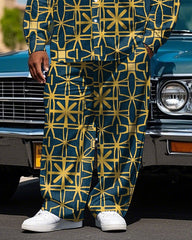 Men's Big & Tall Vintage Geometric Pattern Printed Casual Long Sleeve Shirt Pants Set