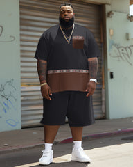 Men's Plus Size Simple Casual Stitching Ethnic Printing Pocket T-shirt Shorts Suit