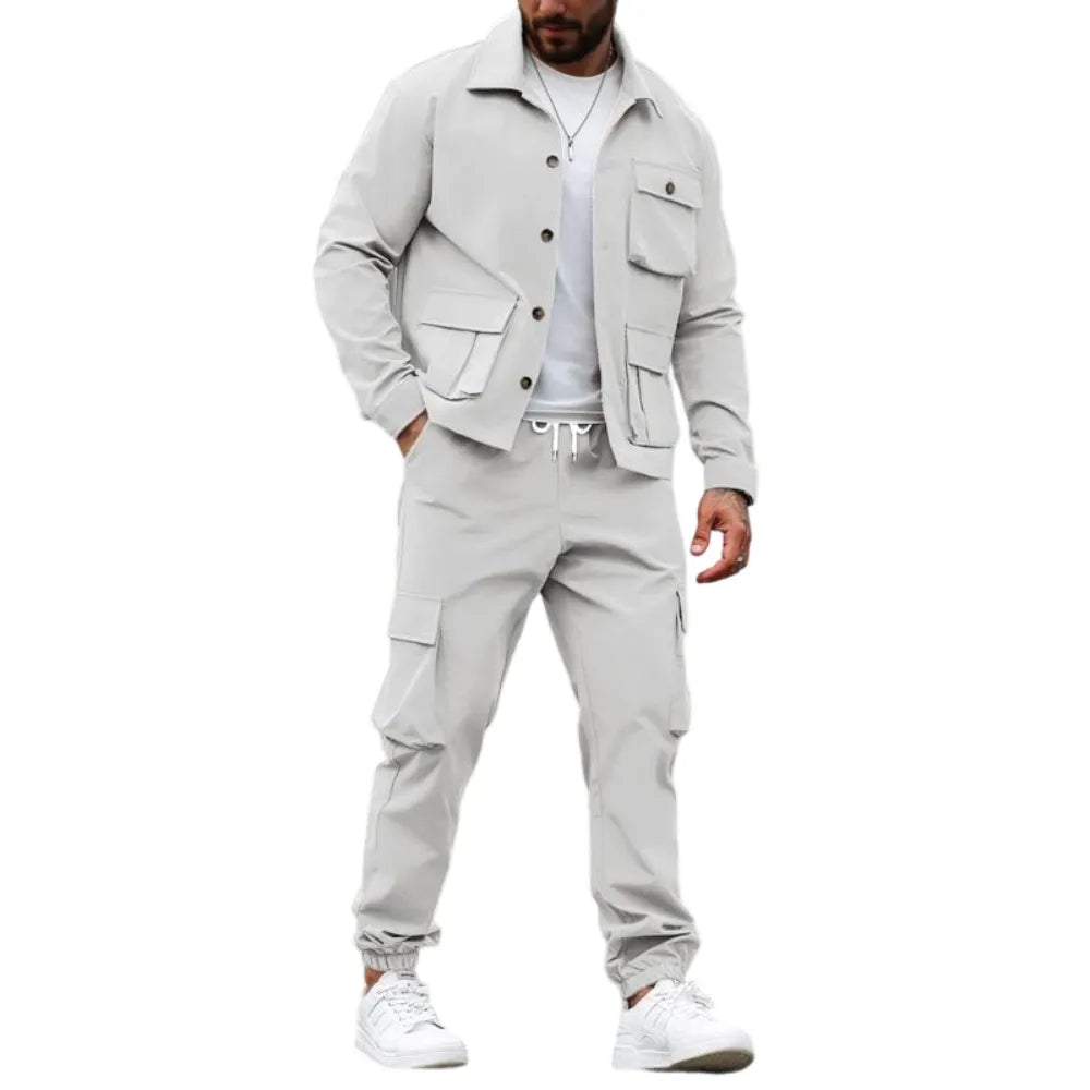 Men's Solid Color Pocket Button Front Shirt & Pants Two-Piece Set
