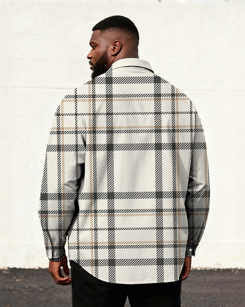 Big & Tall Men's Business Check Rice White Printed Long Sleeve Shirt