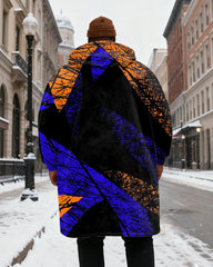 Big & Tall Men's Black And Purple Graffiti Printed Velvet Padded Long Hooded Coat