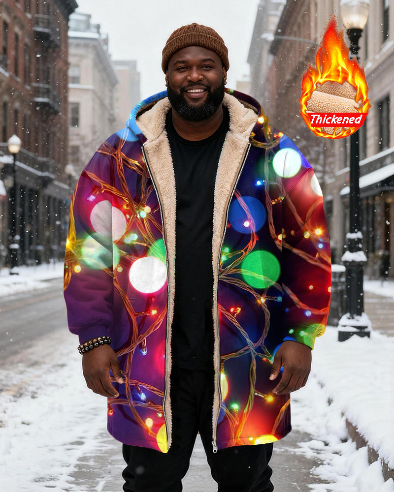 Big & Tall Men's Color Holiday Lights With Printed Velvet Thickened Long Hooded Coat