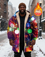 Big & Tall Men's Color Holiday Lights With Printed Velvet Thickened Long Hooded Coat
