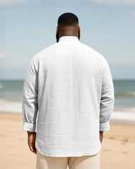 Big & Tall Men's Daily Solid Color Bamboo Hemp Texture Stand Collar Long Sleeve Shirt