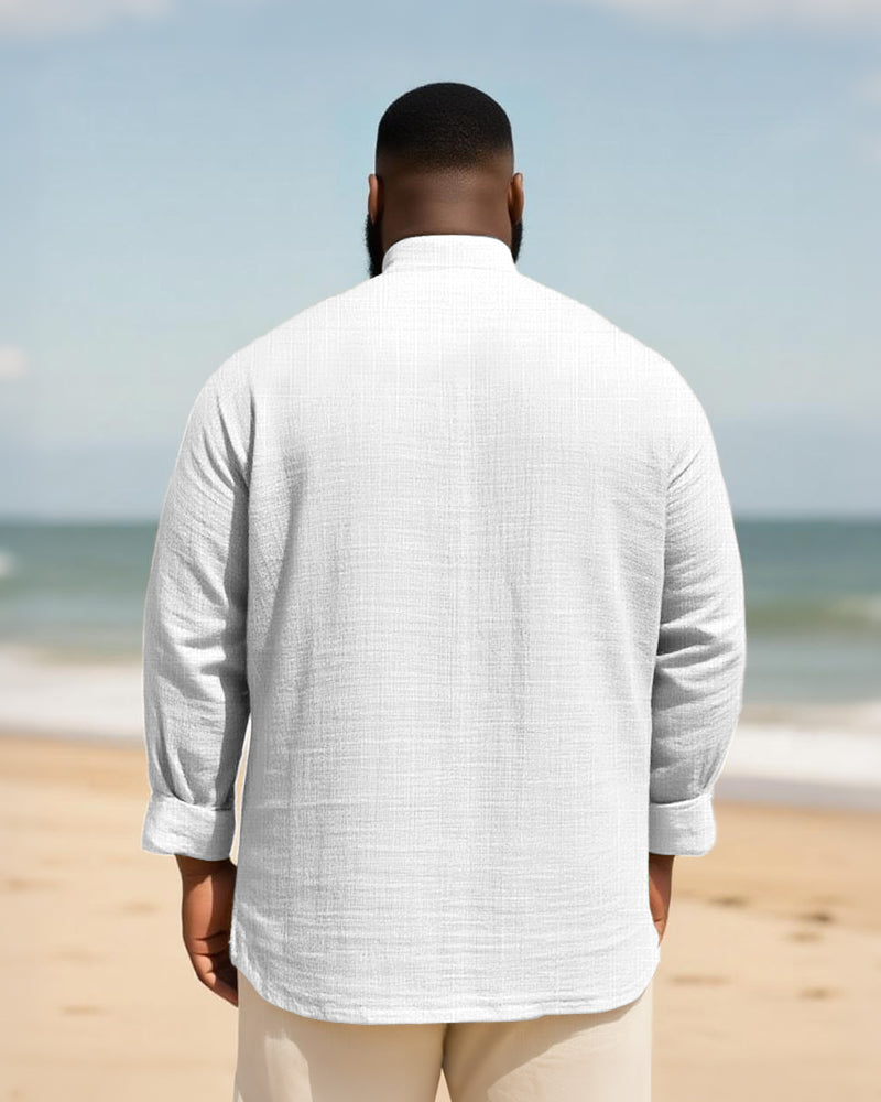 Big & Tall Men's Everyday College Style B Letter Icon Bamboo Hemp Texture Stand-up Collar Long Sleeve Shirt
