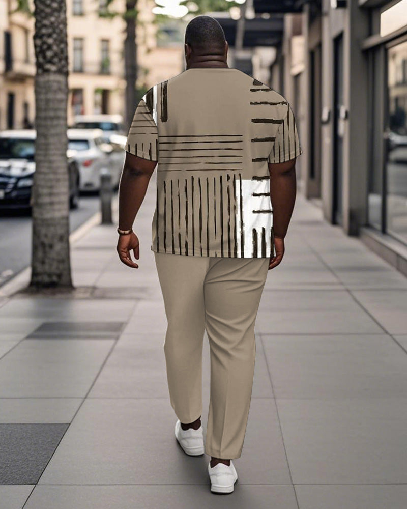 Men's Plus Size Khaki Colorblock Striped Alphabet Print Henry Collar T-Shirt Pants Suit