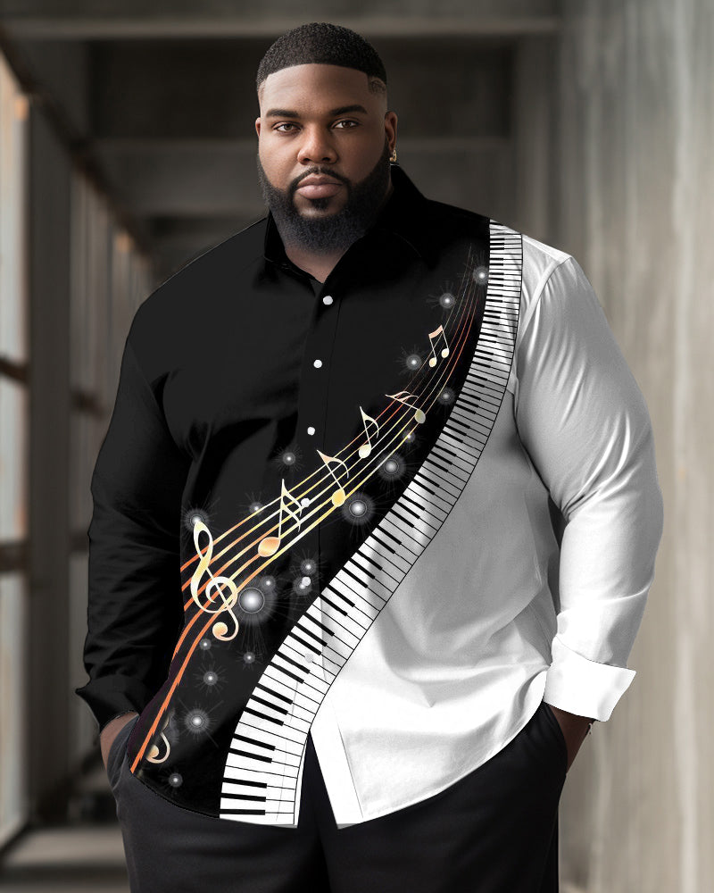 Plus Size Men's Casual Piano Music Color Contrast Print Lapel Long Sleeve Shirt