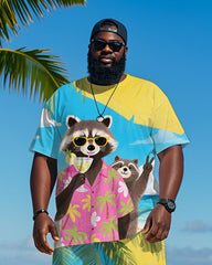 Men's Plus Size Hawaiian Blue Raccoon Drinking Cocktail Bier Printed Short Sleeve T-Shirt Shorts Suit