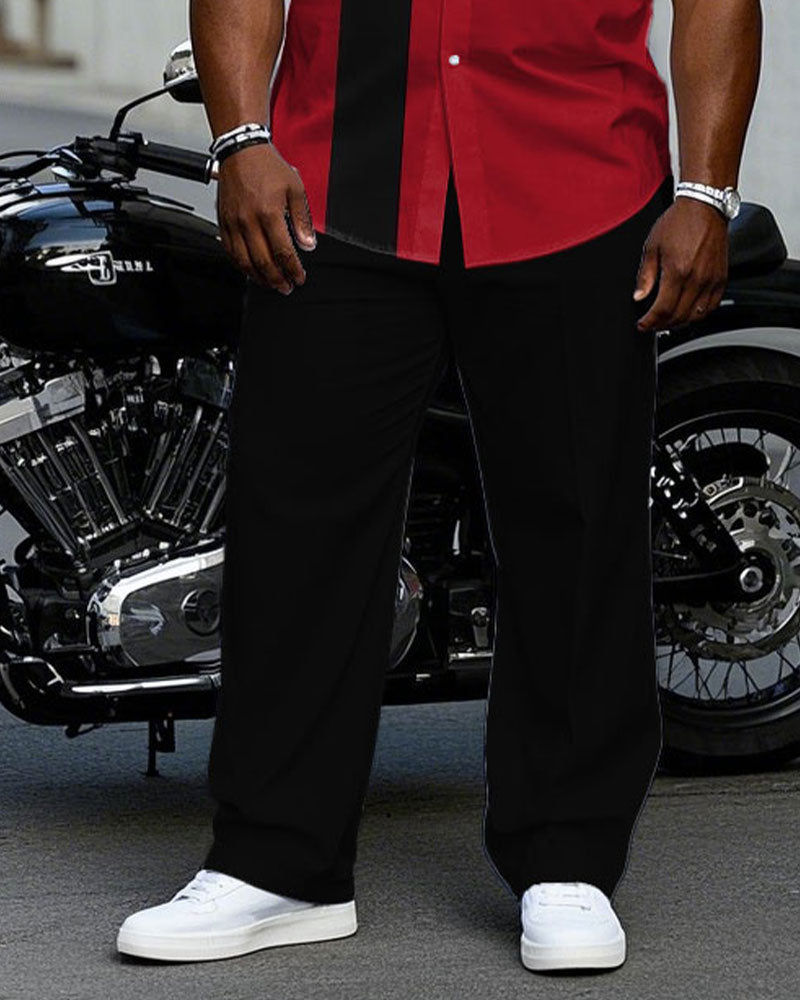 Big & Tall Men's Red & Black Color Blocked Business Short Sleeve Shirt Pants Suit