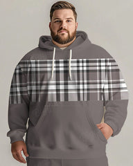 Men's Daily Casual Versatile Classic Grey Plaid Print Big and Tall Hoodie Set