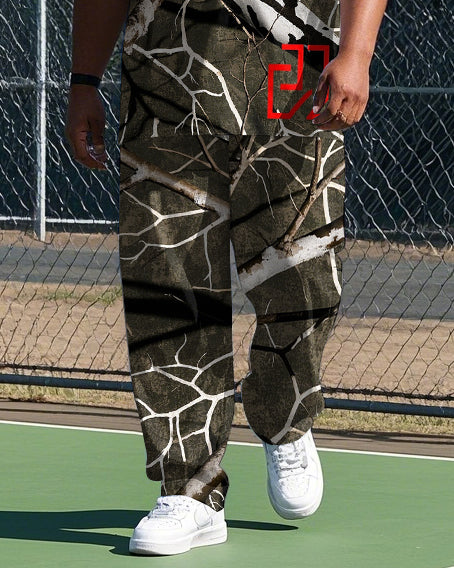 Men's Big & Tall Natural Style Retro Branch Printed Casual Short Sleeve T-shirt Pants 2-piece Set