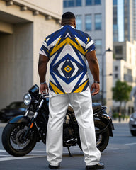 Men's Plus Size White & Blue & Yellow & Geometric Business Daily Casual Short Sleeve Shirt Trousers Suit