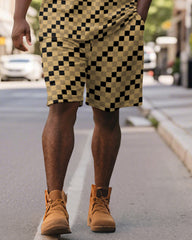 Men's Plus Size Daily Black And Yellow Patchwork Letter Print Short-sleeved Polo Shirt Shorts Suit