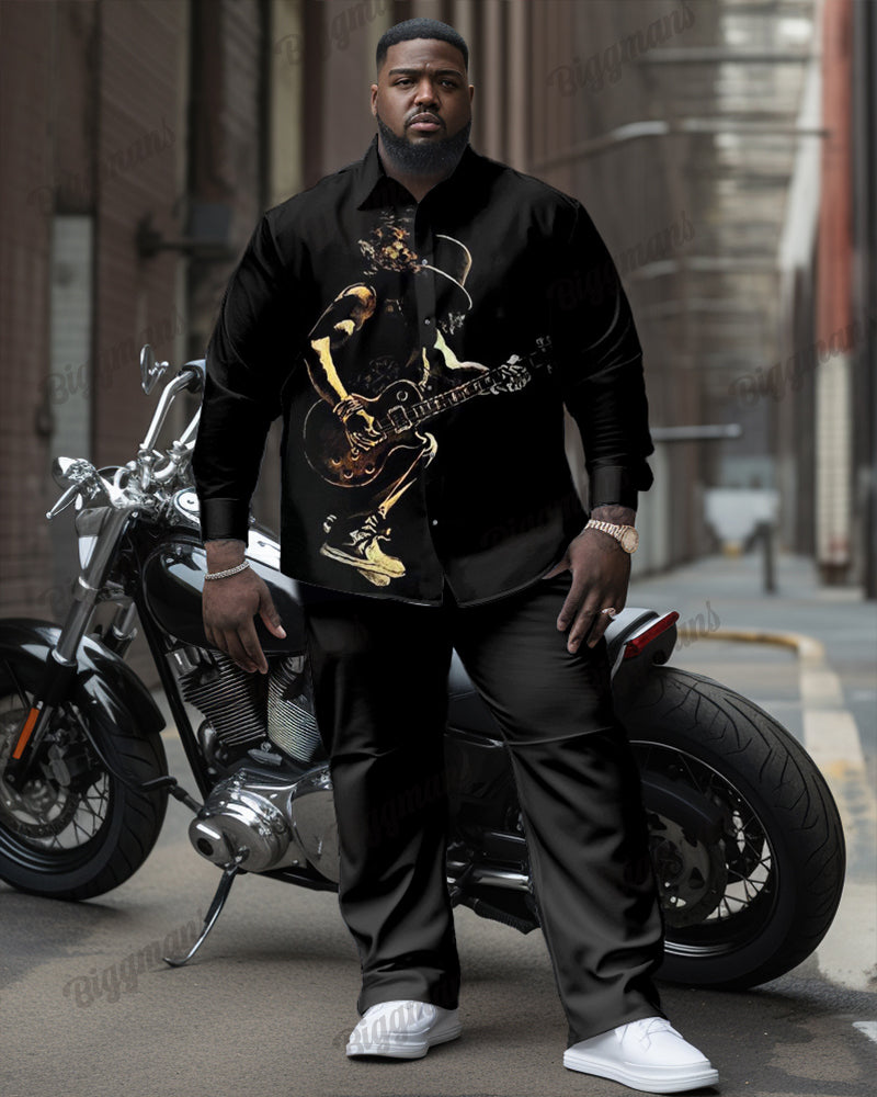 Musician Playing Guitar Long Sleeve Lap Collar Shirt 2 Piece Set Men's Plus Size