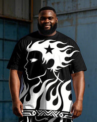Big Men's Retro Side Face Silhouette Printed Street Fashion Short Sleeve T-Shirt Shorts Set