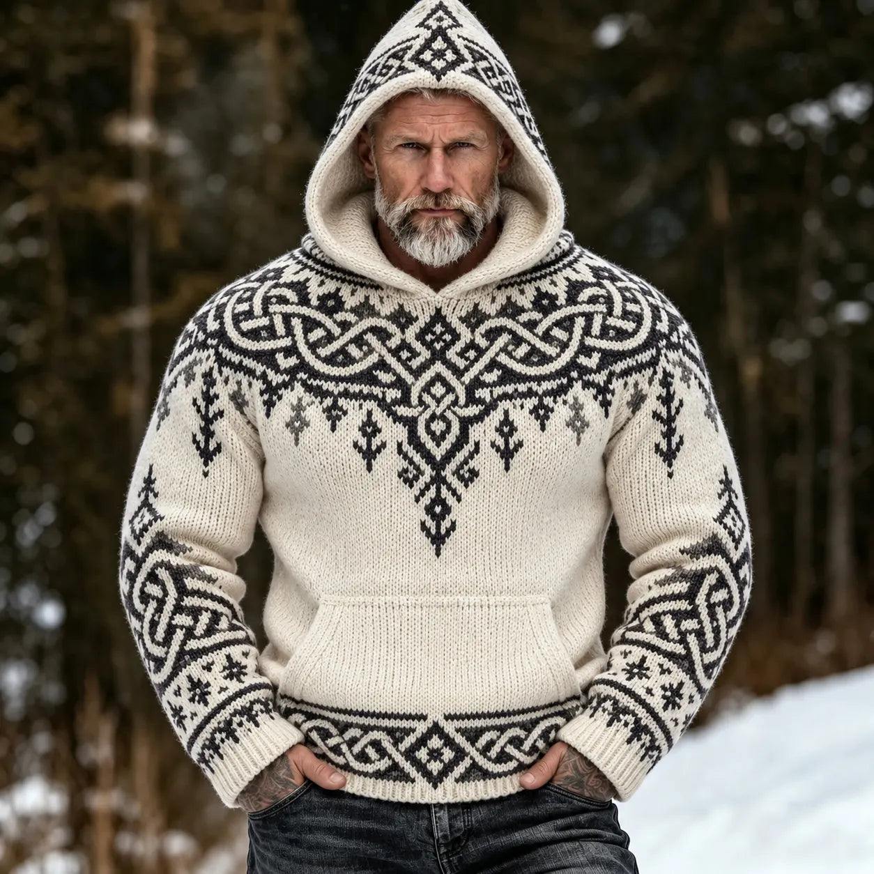 Men’s Vintage Viking Celtic Knot Print Hooded Sweater