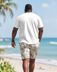 Men's Plus Size Hawaiian Khaki Coconut Print Round Neck Short Sleeve T-Shirt Shorts Suit