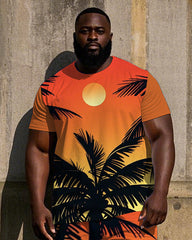 Big Men's Hawaiian Bright Sunset Coconut Trees Printed Casual Short Sleeve T-shirt Shorts Set
