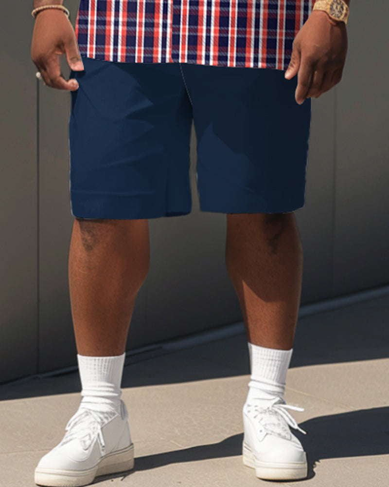 Big & Tall Guy's Classic Red Plaid Stitching Print Short Sleeve Shirt Shorts Set
