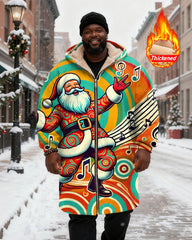 Big & Tall Men's Color Christmas Swing Note Printed Velvet Thickened Long Hooded Coat