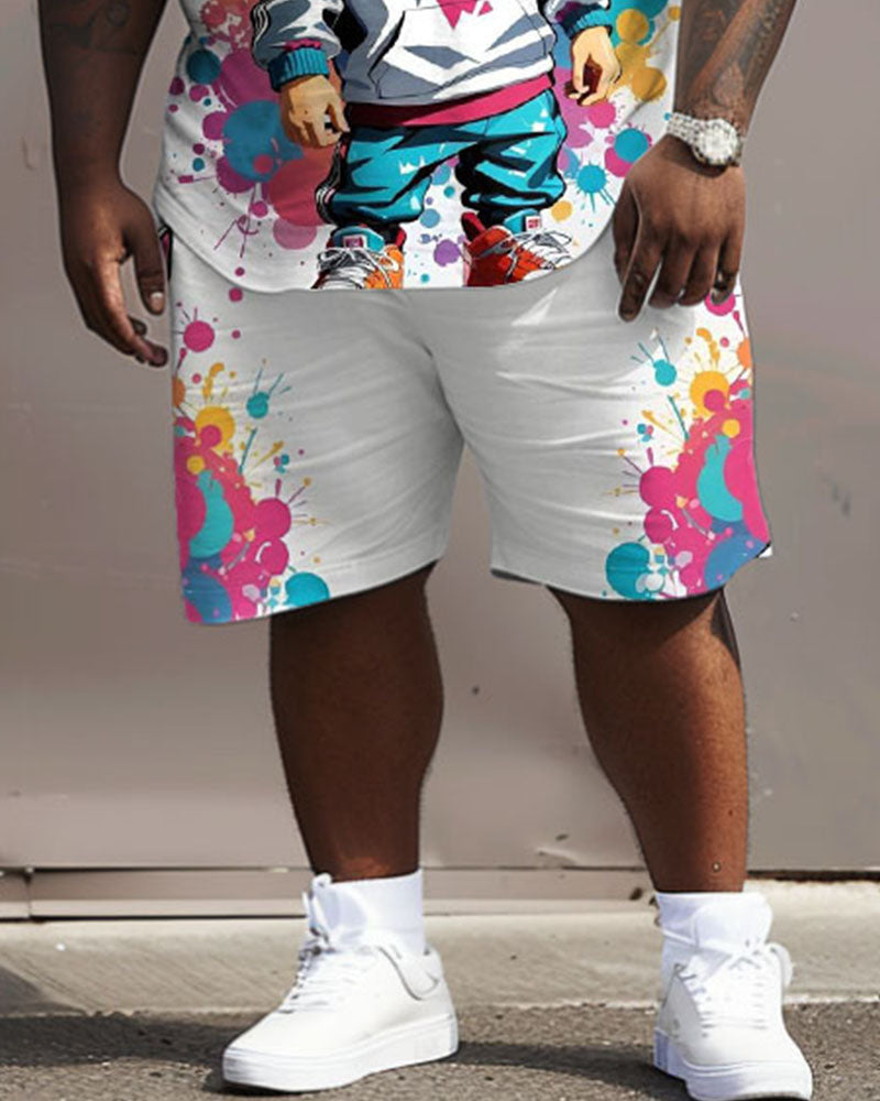 Men's Big & Tall Street Fashion Graffiti Cat Print T-Shirt Shorts Set