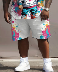 Men's Big & Tall Street Fashion Graffiti Cat Print T-Shirt Shorts Set