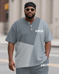 Men's Plus Size Blue And Grey Colorblock Alphabet Print Henry Collar T-Shirt Pants Suit
