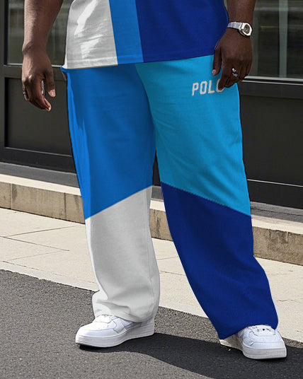 Men's Street Fashion Color Block POLO Letter Printed Big and Tall Casual Short Sleeve T-shirt Pants Set