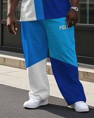 Men's Street Fashion Color Block POLO Letter Printed Big and Tall Casual Short Sleeve T-shirt Pants Set