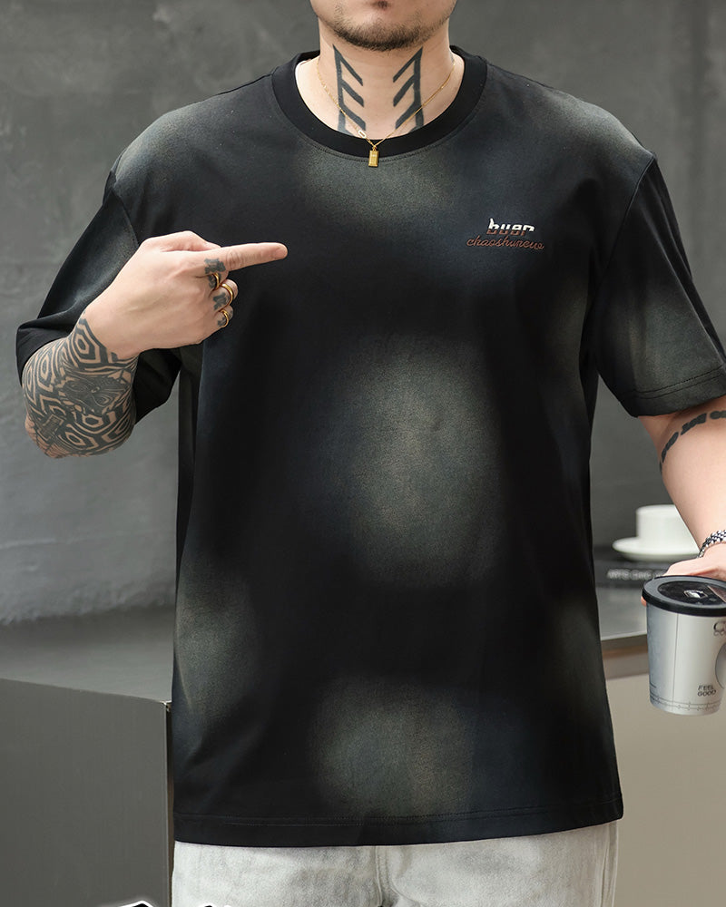 4XL-8XL Big & Tall Men's Daily Leisure Two-color Flower Washing Letter Cotton Crewneck Short-sleeved T-shirt