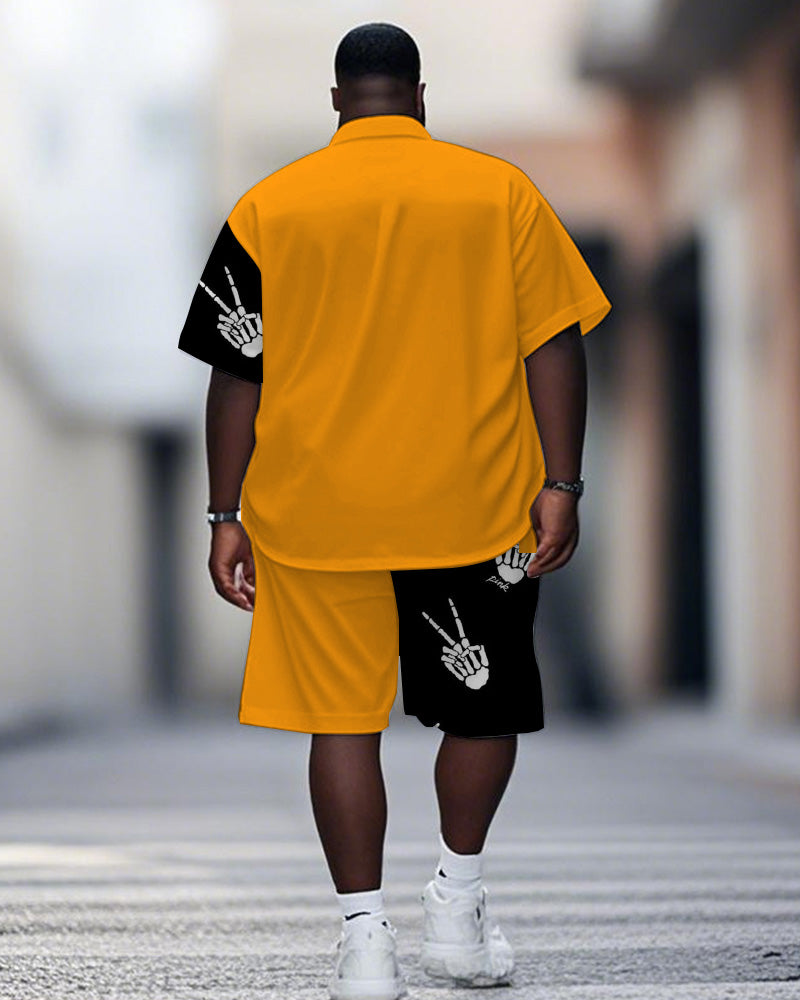 Men's Plus Size Street Fashion Black And Yellow Colorblock Skull Gesture Printed Shirt Shorts Suit