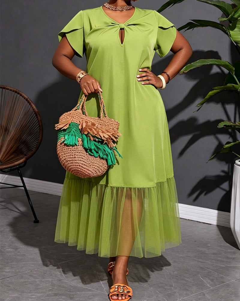 L-4XL Solid Color Design Mesh Stitching Midi Dress
