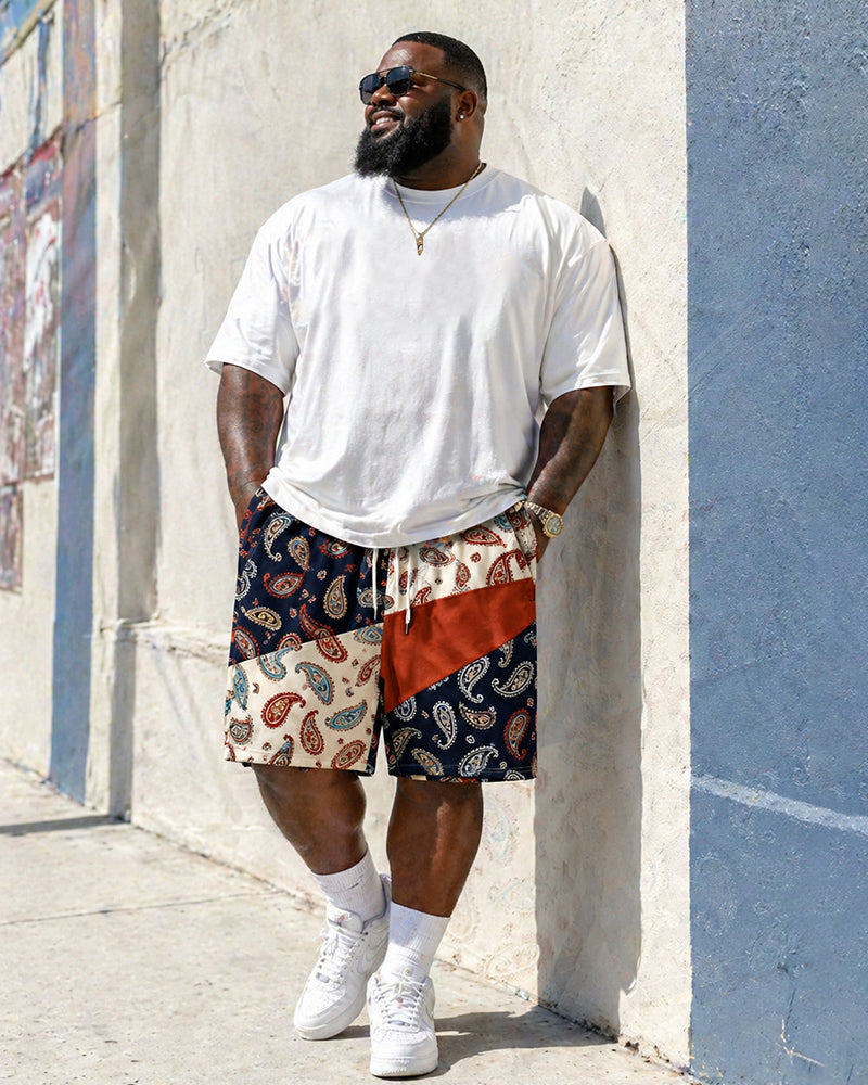 Big & Tall Men's Vintage Cashew Flower POLO Letter Printed Round Neck Short Sleeve T-Shirt Shorts Set