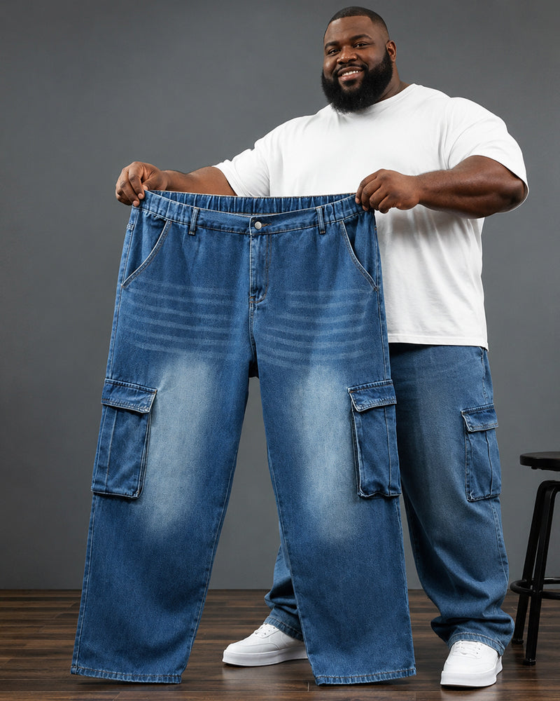 4XL-9XL Plus Size Men's Washed White Multi-Pocket Tooling Staggable Waist Denim Pants