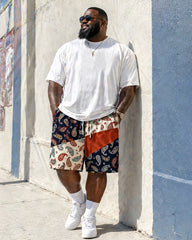 Big & Tall Men's Vintage Cashew Flower POLO Letter Printed Round Neck Short Sleeve T-Shirt Shorts Set