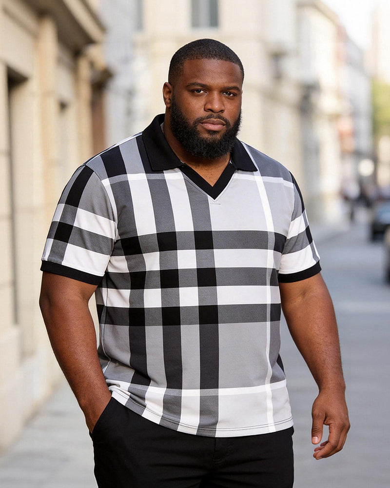 Big & Tall Men's Classic Plaid Contrast Printed Large Size V-Neck Short Sleeve Polo Shirt