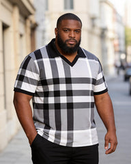 Big & Tall Men's Classic Plaid Contrast Printed Large Size V-Neck Short Sleeve Polo Shirt