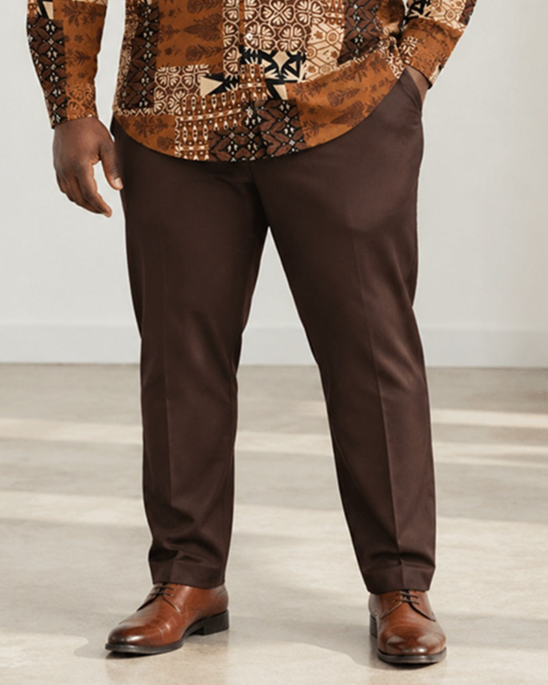 Big & Tall Men's Retro Brown Ethnic Geometric Print Long Sleeve Shirt Pants Set