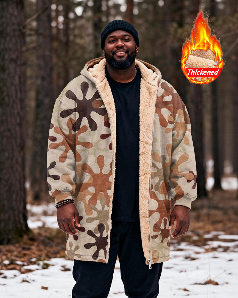 Big & Tall Men's Hunting Style Khaki Geometric Print Velvet Thickened Long Hooded Exterior